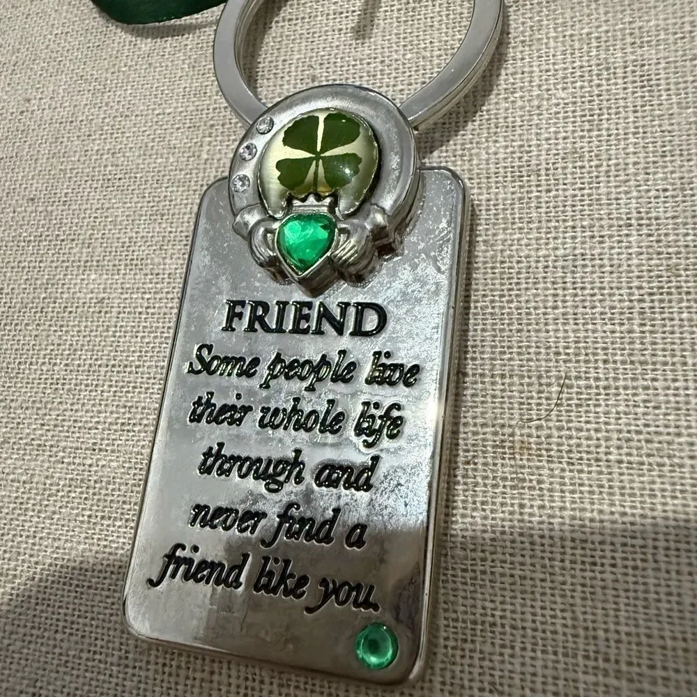 Lucky Irish Friend Keychain with Real Four Leaf Clover & Green Gemstones
